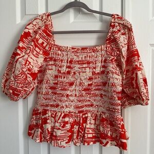 River Island Red and Cream Smocked Square-Neck Blouse